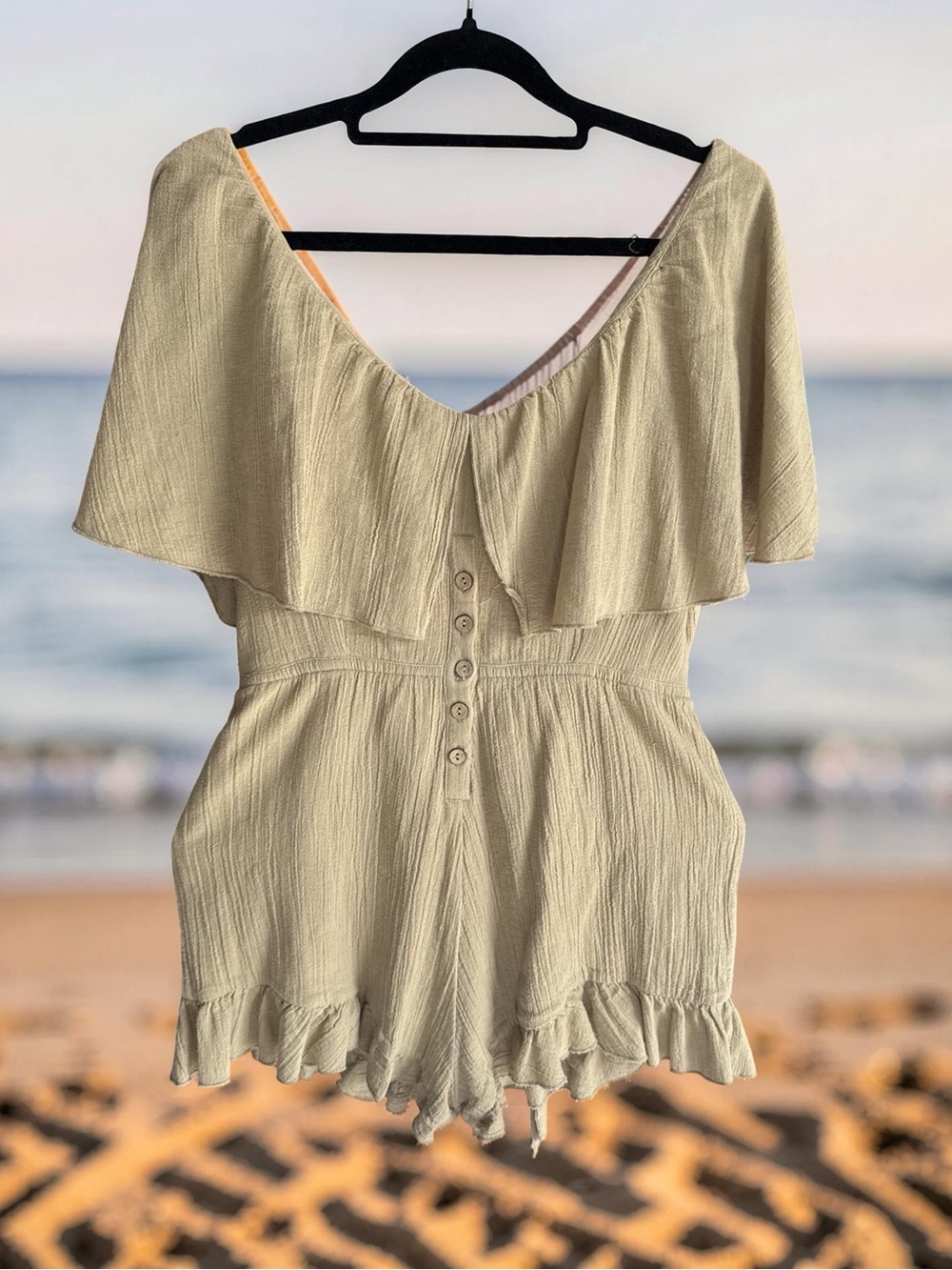 Free people  Light Beige Off-Shoulder Ruffle Romper with open tie back